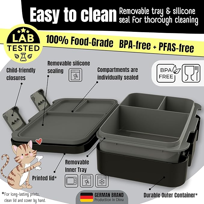 BEARFOOT Kids Lunch Box with Compartments – Compact & Lightweight | Leak-Proof, BPA-Free, Dishwasher & Microwave Safe | Hand-Drawn Design for Preschool, School, Travel (Dinos Black, 2.75 Cups)