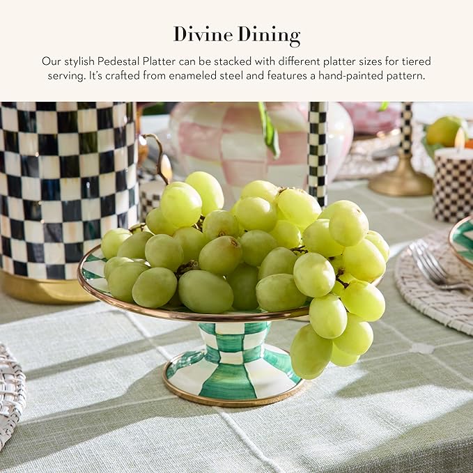 MACKENZIE-CHILDS Enamel Pedestal Platter, Round Cake Stand, Mini, Green-and-White Emerald Check