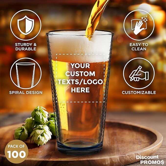 Custom Spiral Pint Glass 16 oz. Set of 100, Personalized Bulk Pack - Beer Glasses, Heavy Duty Drinkware - Blue