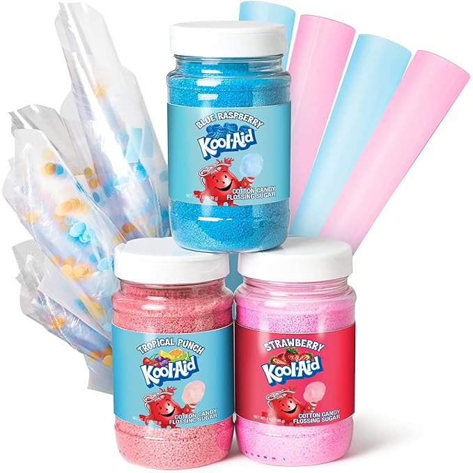 Nostalgia Kool-Aid Cotton Candy Flossing Sugar Party Kit 3-Pack, Blue Raspberry, Strawberry, Tropical Punch, 3-7 oz bottles - 21 total ounces - Bottles of Cotton Candy Sugar Mix