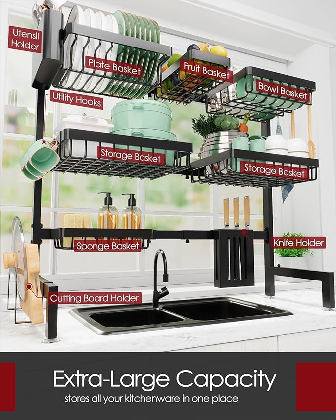 Sakugi Dish Drying Rack - Over The Sink Dish Drainer Drying Rack with Utensil & Knife Holder, Hooks, Stainless Steel Kitchen Organizers and Storage Solution, 11.8" D x 31.5"~39.0''W x 30" H, Black
