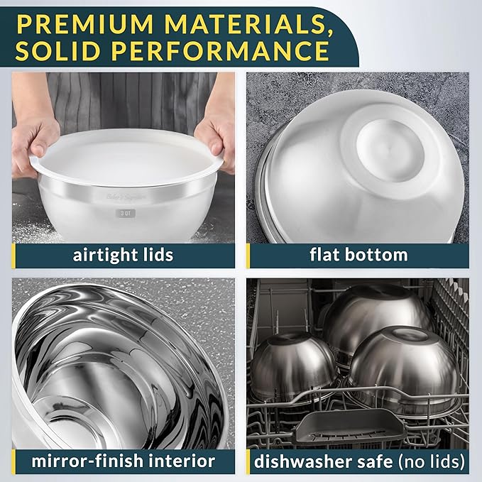 Baker's Signature Stainless Steel Mixing Bowls With Lid, Metal Mixing Bowl Set Of 5, Nesting Set For Food Prep, Baking,Storage, Cooking, Serving | Dishwasher Safe, 0.5/1.5/3/4/5 Qt
