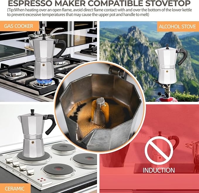 Aluminum 6 Cup 300ml Moka Pot Express Coffee Maker Stovetop Espresso Percolator Coffeemaker Italian Classic Style Brewing Greca Cafe Mocha Machine for Cafeteras Lover Camping Travel and Home Use 10oz