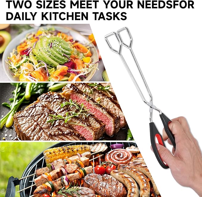 Tongs for Cooking, Set of 2 Heat Resistant Stainless Steel 10-Inch and 12-Inch Kitchen Scissor Tongs for BBQ, Food, Salad