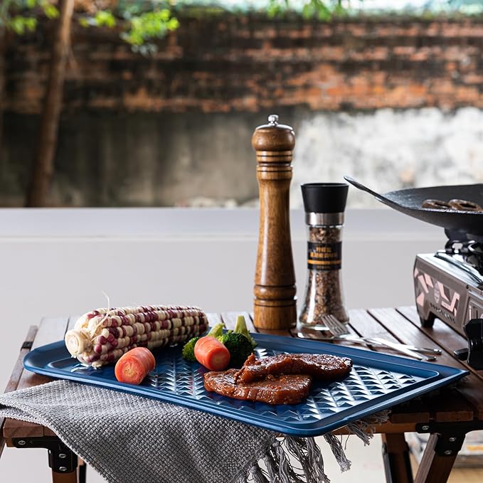 LEHAHA Grilling Prep Trays, Melamine BBQ Prep and Serving Platter and Tray for Outdoor Entertaining, Food Serving Tray, Set of 2, 17" x 10.5", Blue and White