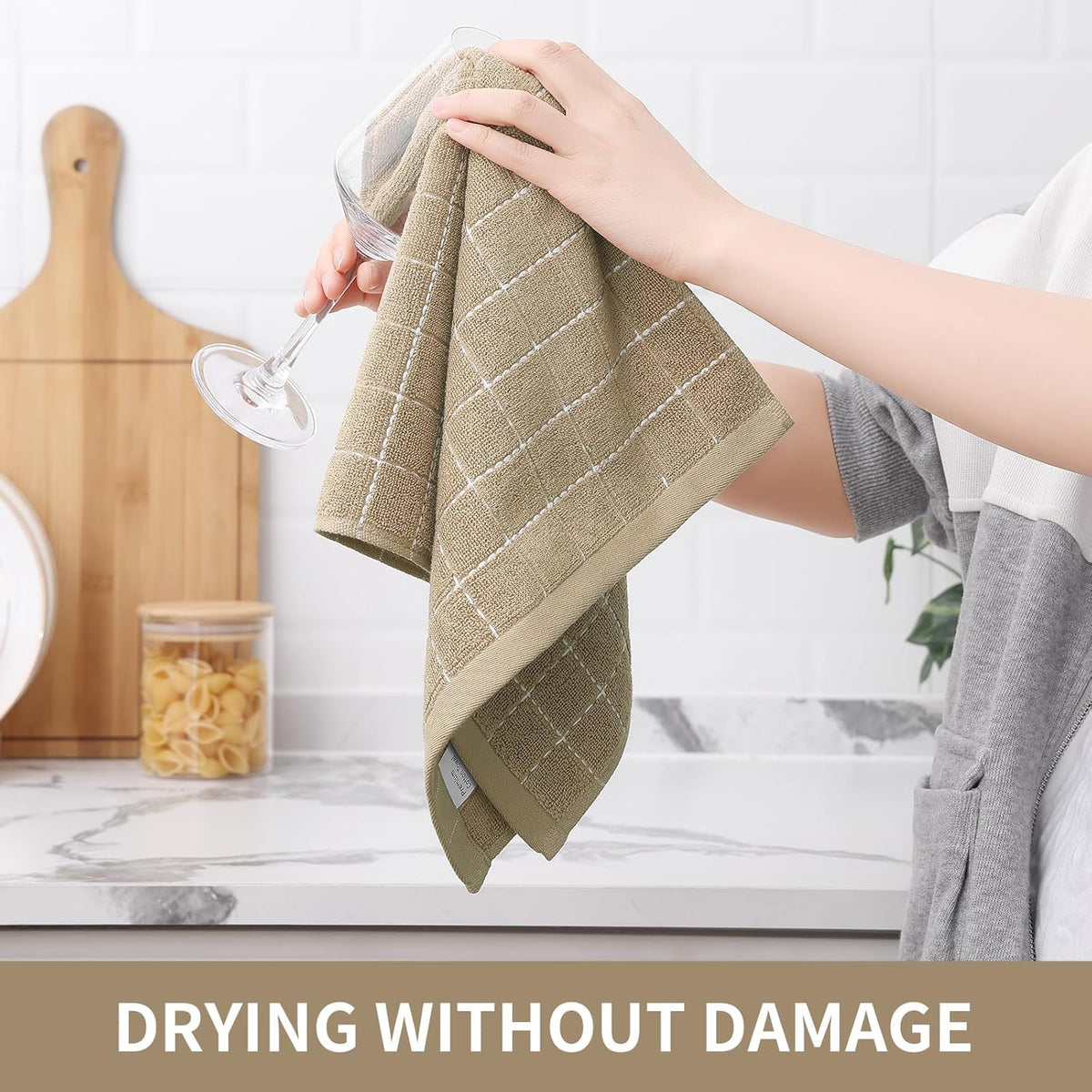 Homaxy 100% Cotton Terry Kitchen Towels(Tan, 13 x 28 inches), Checkered Designed, Soft and Super Absorbent Dish Towels, 6 Pack