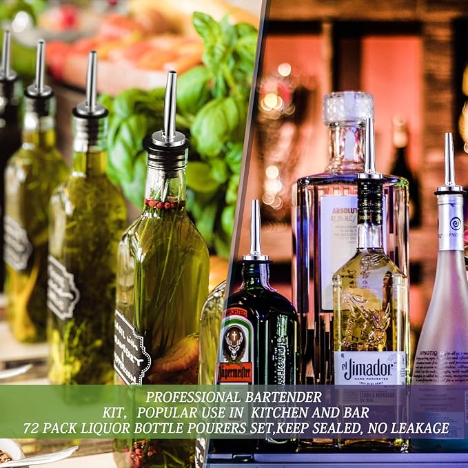 48 Pcs Stainless Steel Bottle Pourers Tapered Liquor Pourers with Rubber Dust Caps Tapered Spouts Set Bar Supplies Vinegar Bottle Dispenser Wine Liquor Spout for Oil Beer Drink Water