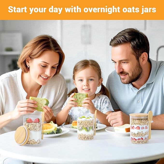 Glass Jars with Airtight Lid - 4 Pack 18 Fl.oz Round Glass Jar with Bamboo Lids and Spoon, Includes Labels and Marker, Coffee Sugar Containers for Spice, Oats, Candy, Cookies, Tea Canister