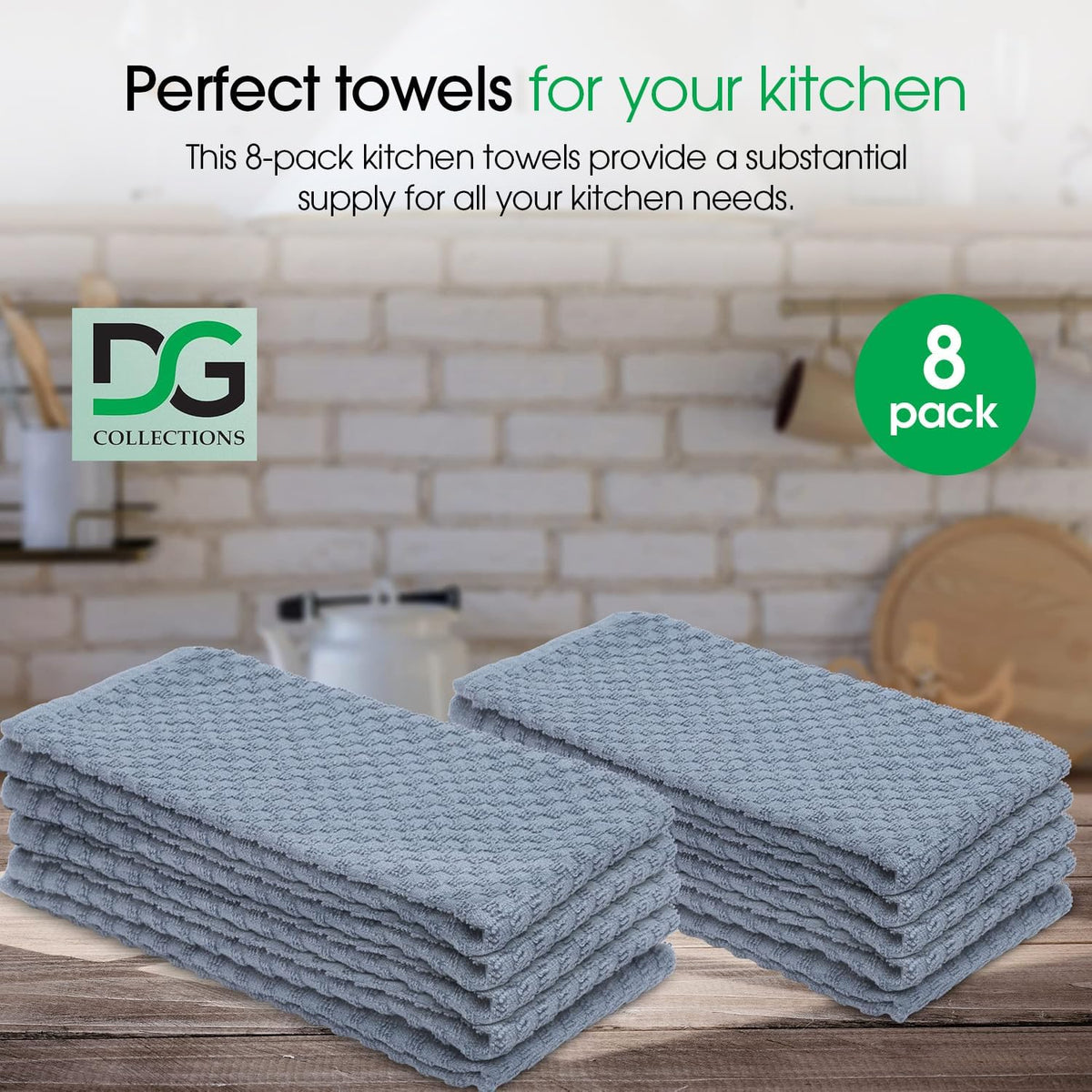 DG Collections Grey Kitchen Towels - 100% Cotton Terry Tea Towels for Cleaning, Drying, and Highly Absorbent Kitchen Dish Cloth for Bar Cleaning - 8 Pack - 15 x 25 Inches