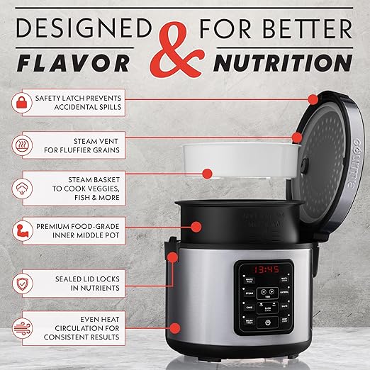 Gourmia Rice Cooker – 3 Qt Capacity, 12 Cup Cooked, 6 Cup Uncooked, Digital Controls, Grain Cooker & Steamer, Built-In Steamer Basket, Nonstick Ceramic Pot, Delay Timer, Keep Warm, Stainless Steel