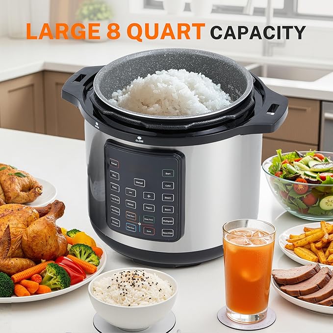 Simple Deluxe Electric Pressure Cooker, Non-Stick 16-in-1 & 8QT Stainless Steel Multi Cooker for Slow Cook, Meat Stew, Cake, Pasta, Multigrain, Dishwasher Safe, Silver