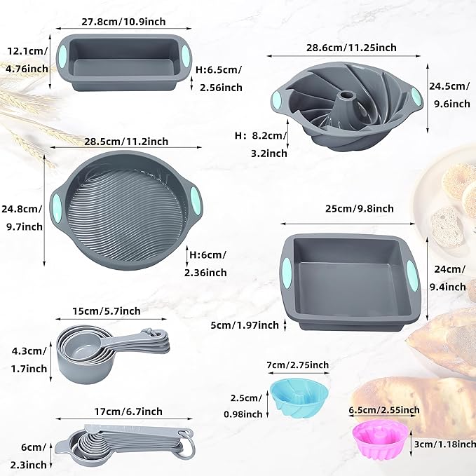 To encounter 45 Pieces Silicone Bakeware Set, Heat Resistant Baking Pans, Nonstick Baking Molds for Cake, Bread and Cupcake, with Measuring Cups and Spoons Set, Light Grey