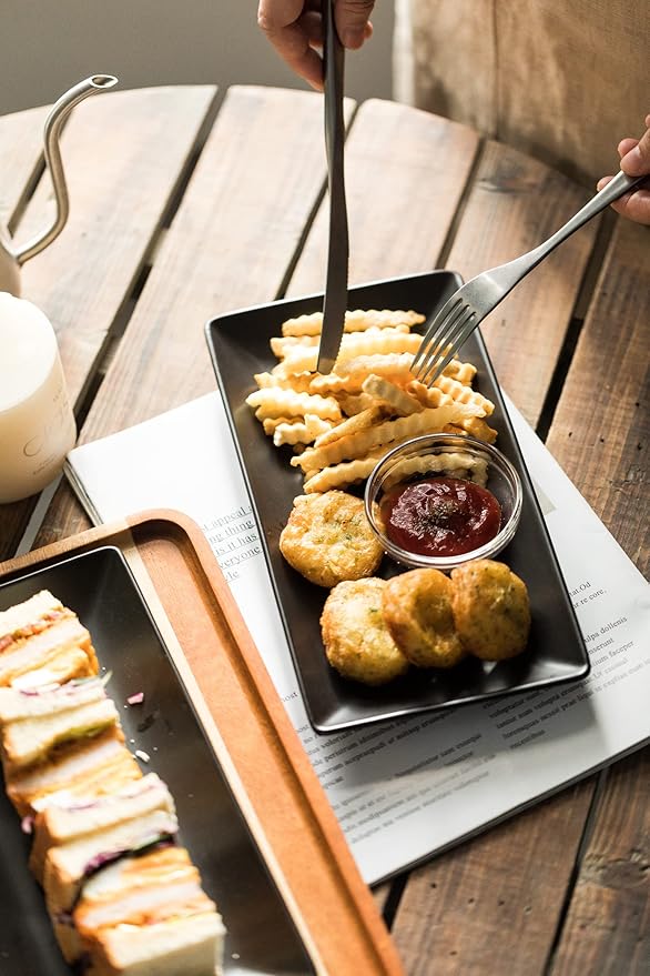 YHOSSEUN Ceramic Serving Platters Set of 4, Rectangular Serving Platters and Trays for Food, Sushi, 9.8 In Serving Dishes for Entertaining, Matte Black Serving Plate Halloween Table Decor