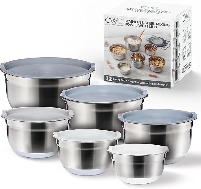 COOK WITH COLOR Stainless Steel Mixing Bowls Set with Lids - Nesting Bowls with Non-Slip Bottom, Grey, 12 Pieces