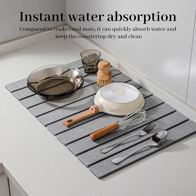 Large Stone Drying Mat for Kitchen Counter, 24''L x 16''W Diatomaceous Earth Collapsible Dish Drying Mat, Quick Drying Mat, Glasses and Flatware, Matches Any Countertop (Light Gray, 24'' x 16'')
