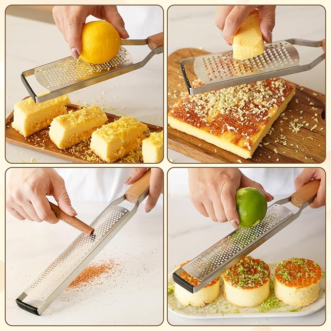 SHIKORI Professional Cheese Graters for Kitchen Stainless Steel Handheld, Metal Lemon Zester Grater With Wood Handle For Cheese, Chocolate, Spices, Kitchen Gadgets And Tools-Square Hole
