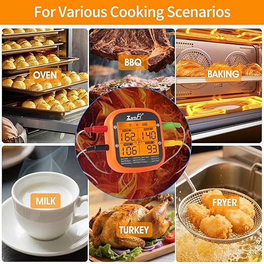 Wireless Digital Meat Thermometer,Instant Read Food Thermometer with LCD Display and 4 Stainless Probes,Advanced Electronic Thermometer Waterproof for BBQ Cooking Kitchen Outside Grill
