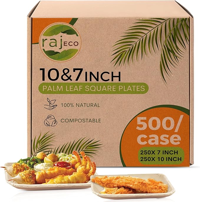 Raj Palm Leaf Plates Bulk [50-Pack] 10" & 7" Square Plates (10 CASES - 500 PACK) like Bamboo plates Disposable, Strong, Decorative Compostable Tableware for weddings, Lunch, Dinners