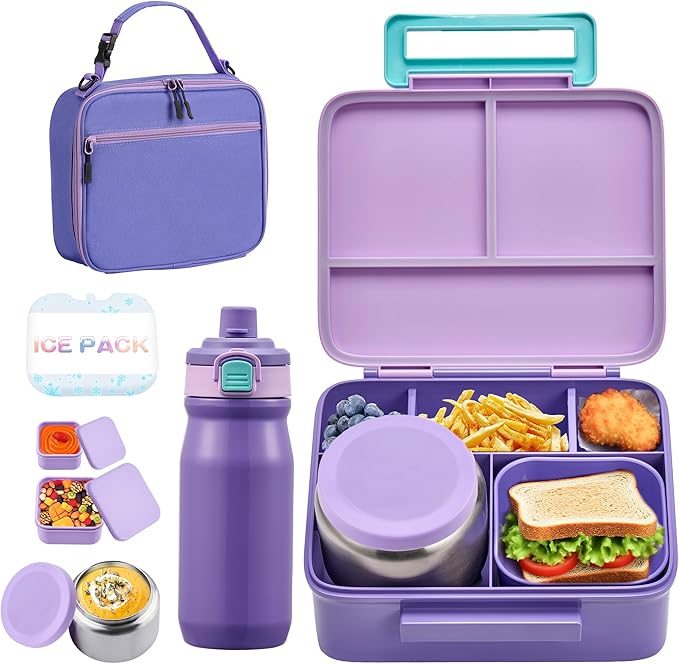 Bento Lunch Box for Kids with 8oz Soup Thermo, Leak-proof Lunch Food Containers with 5 Compartment, Insulated Lunch Bag & 17oz Stainless Steel Water Bottle for School, Trvael