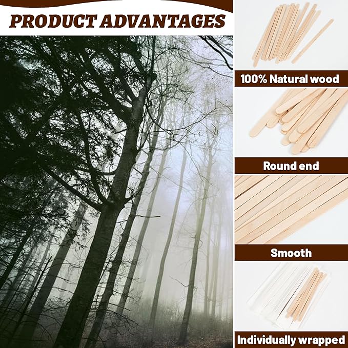 ANTETOK 100Pcs Wooden Coffee Stirrers Paper Wrapped 4.3Inch,Individually Wrapped Disposable Coffee Stir Sticks for Coffee,Tea,Cocktail and Hot Chocolate