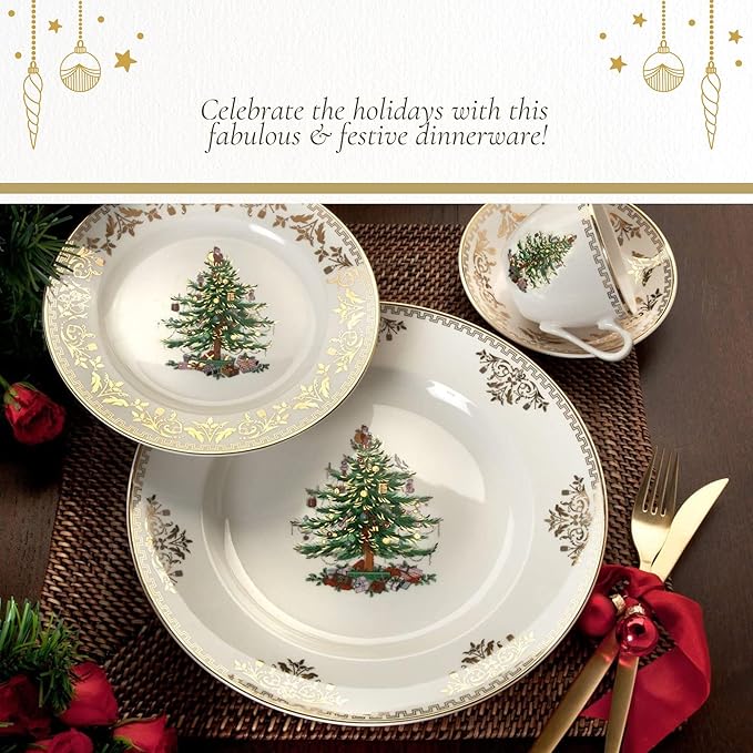 Spode Christmas Tree Gold Dinner Plate, 10 Inch - Celebratory Holiday Serveware, Classic Holiday Plate with Nostalgic, Festive Design - Fine Porcelain, Warm Oven & Dishwasher Safe