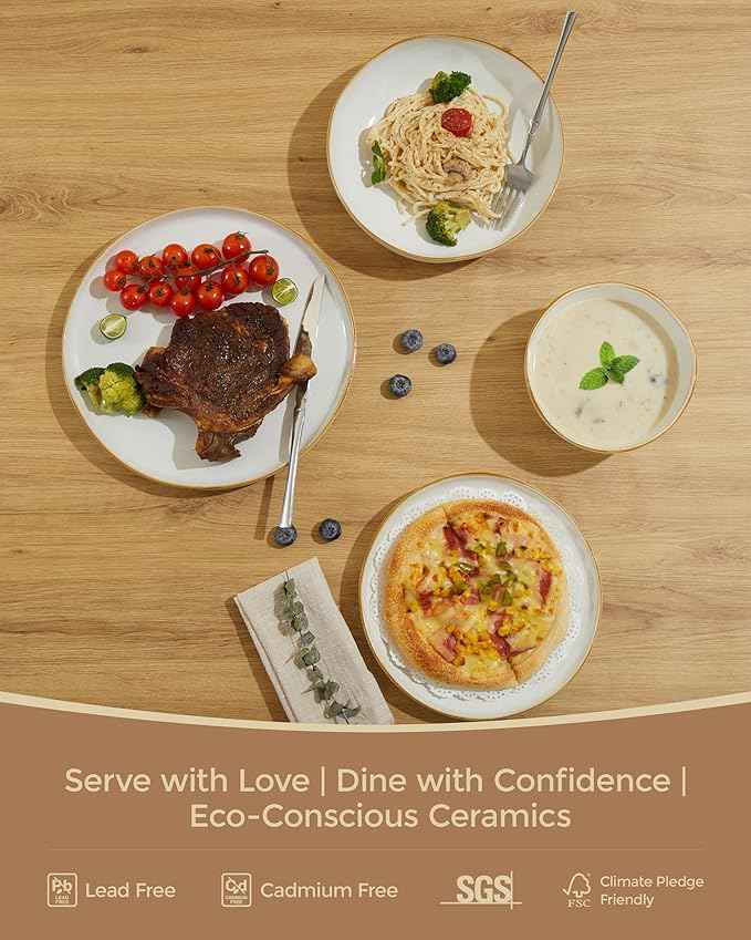 32 Piece White Dinnerware Set with Pasta Bowls, Reactive Glaze Stoneware for 8 | Perfect for Multi‑Course Dinners, Hosting Large Groups, Holiday Serving Needs
