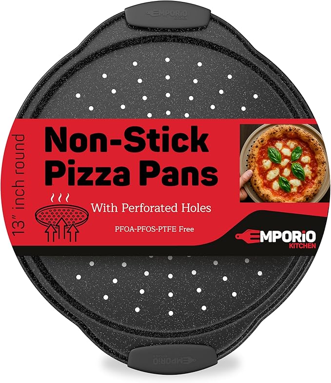Non-Stick Pizza Pan with Silicone Handle 1 Pack, 13 Inch Round Carbon Steel Tray with Perforated Holes, Dishwasher & Oven Safe Up To 450°F, PFOAPFOSPTFE Free, Durable Nonstick Gray Marble Coating