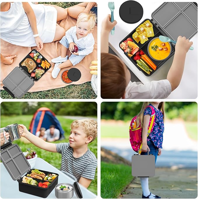 Kids Bento Lunch Box with 8oz Soup Thermo, Kids Leakproof Lunch Food Containers with 4 Compartment,Insulated Hot Food Jar with Lunch Bag for School, Travel (Black)