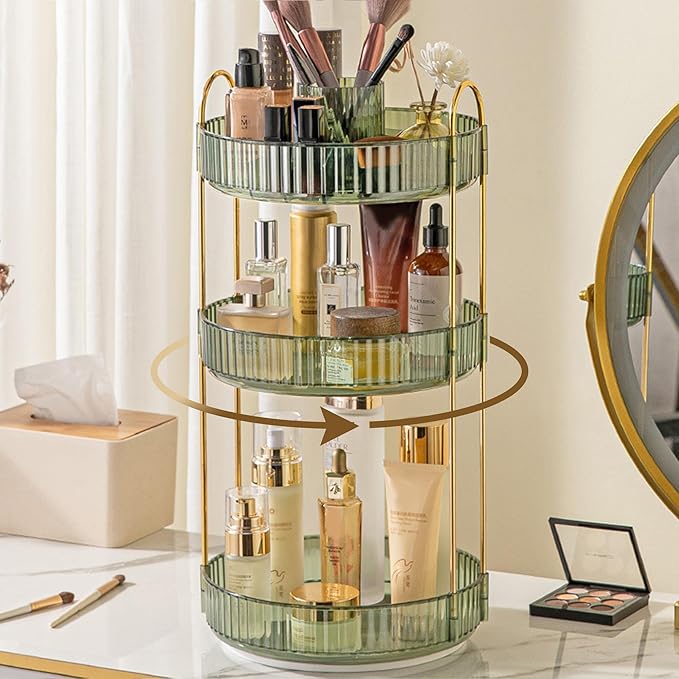 Aveniee 360 Rotating Makeup Organizer for Vanity, Perfume Storage with Brush Holder for Bathroom Countertop, 3 Tier Spinning Skincare Display Case for Lipstick Cosmetic Lotion,Green