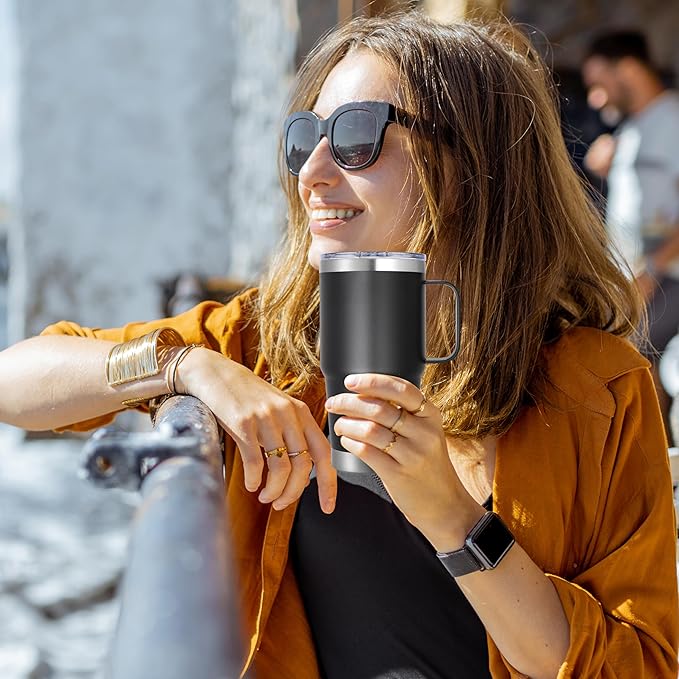 20 oz Stainless Steel Tumbler with Handle Metal Insulated Coffee Travel Mug with Handle Double Wall Tumbler Cup with Lid and Straw, Black 1 Pack