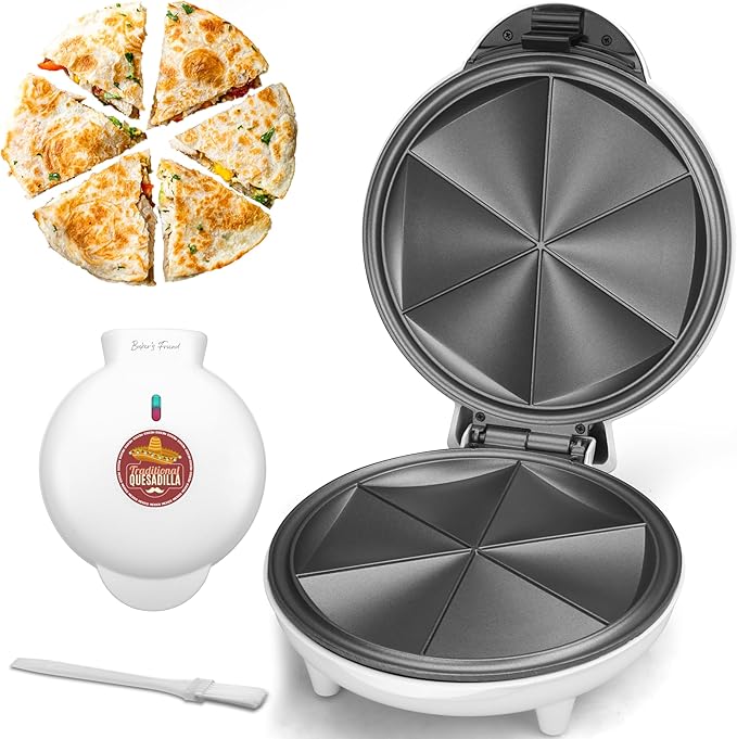 Baker's Friend Electric Quesadilla Maker with Extra Stuffing Design, 9.5 Inch with Easy Slice 6 Wedge, Non Stick Surface, Non-Slip Feet, Grilled Cheese Maker Machine, White