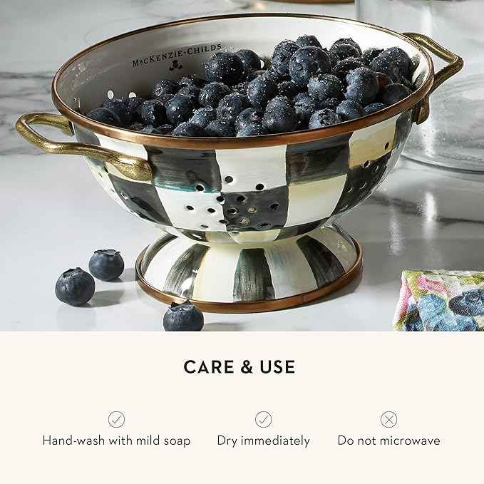 MACKENZIE-CHILDS Enamel Colander, Decorative Kitchen Strainer, Small, Black-and-White Courtly Check