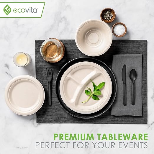 Ecovita 100% Compostable Forks Spoons Knives Cutlery Combo Set - 380 Large Disposable Utensils (7 in.) Eco Friendly Durable and Heat Resistant Alternative to Plastic Silverware with Convenient Tray