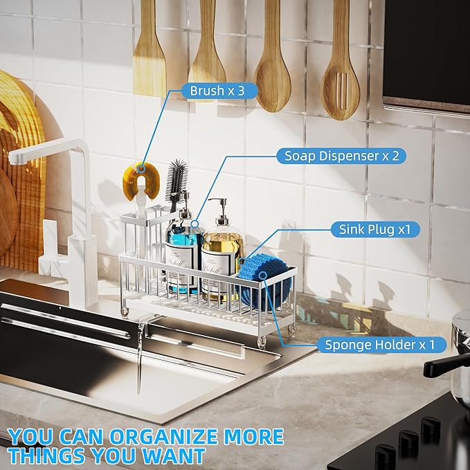 Moforoco Larger Version Sponge Holder for Kitchen Sink, Sink Caddy with High Brush Holder, Kitchen Sink Organizer Countertop Rustproof 304 Stainless Steel (Stainless Steel)