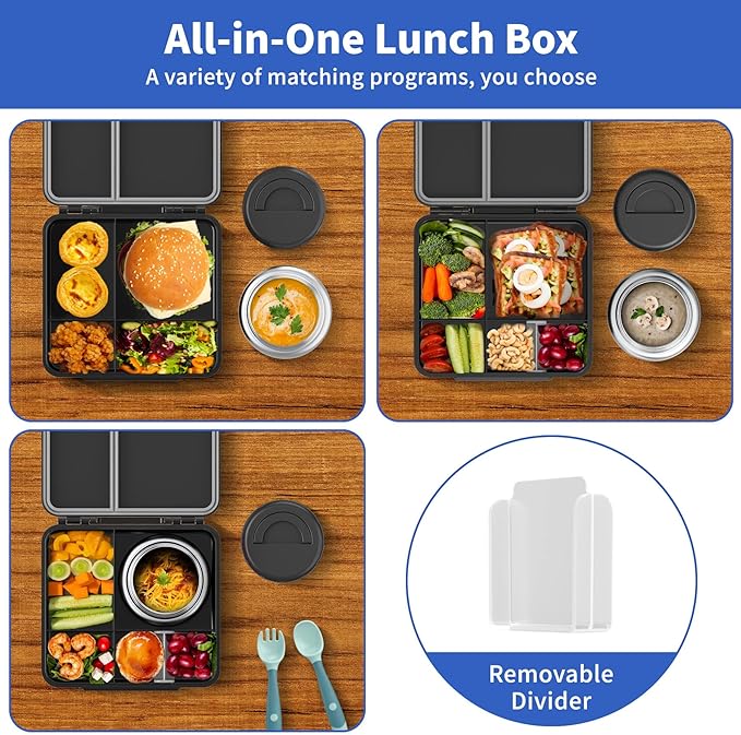 Bento Box for Kids with Thermo Food Container (9oz), 4-Compartment Lunch Box, Adjustable Divider, Leakproof Bento Lunch Box, Includes Utensils & Carry Bag for School, Office(Black)