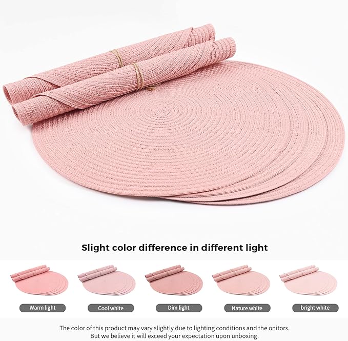 FunWheat Round Braided Placemats Set of 6 Place mats for Dining Tables Woven Heat Resistant Table Mats 15 inch (Pink)