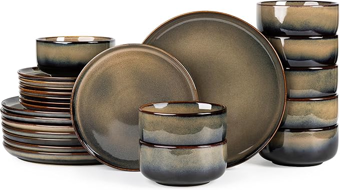 TheTerra Ceramic Dinnerware Sets for 8, 24 Pieces Handmade Reactive Glaze Plates and Bowls Set, Scratch Resistant Dish Set, Oven & Microwave & Dishwasher Safe, Coca Mocha