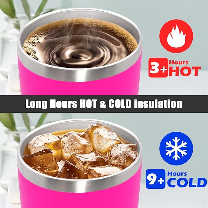 20 oz Tumbler Coffee Travel Tumblers Bulk with Lid Stainless Steel Double Wall Vacuum Insulated Mug Powder Coated Cups fit Car Cupholder for Hot and Cold - Hot Pink, 8Pack
