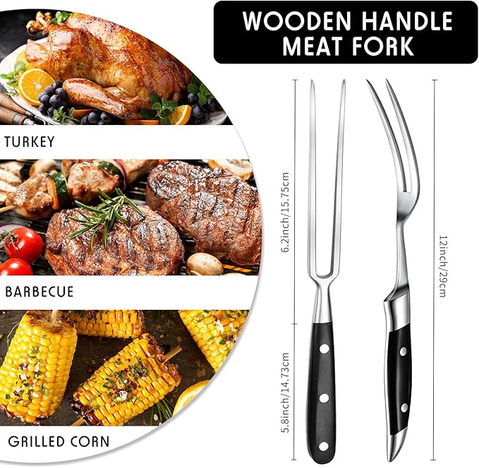 CHENGU 2 Pieces Carving Fork for Meat 12 Inch Kitchen Stainless Steel Serving Cooking with Wood Handle Classic Grill with ABS Handle Xmas Black Barbecue BBQ Fork Carving Set