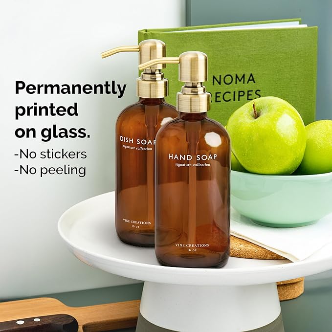 Vine Creations Amber Glass Soap Dispenser Set, Dish Soap and Hand Soap Dispenser Set with Stainless Steel Pump, 16 oz Glass Dispensers for Kitchen or Bathroom Decor (Amber Bottle/Brushed Brass Pump)