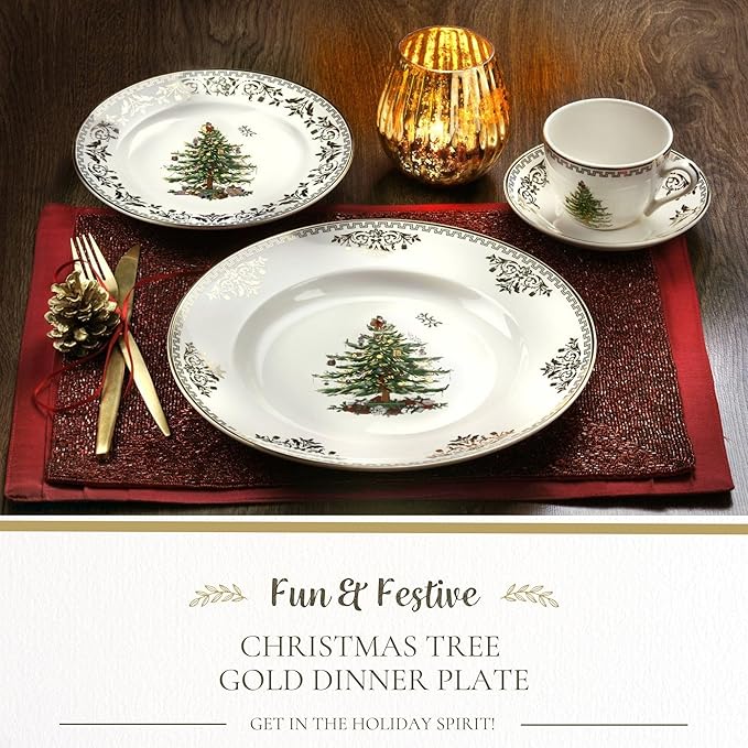 Spode Christmas Tree Gold Dinner Plate, 10 Inch - Celebratory Holiday Serveware, Classic Holiday Plate with Nostalgic, Festive Design - Fine Porcelain, Warm Oven & Dishwasher Safe