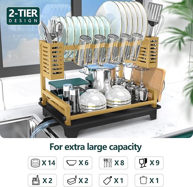 B-Land Dish Drying Rack, 2 Tier Dish Racks for Kitchen Counter, Large Dish Drying Rack with Drainboard & Utensil Holders, Rust-Proof Dish Drainers,Kitchen Organization Gold
