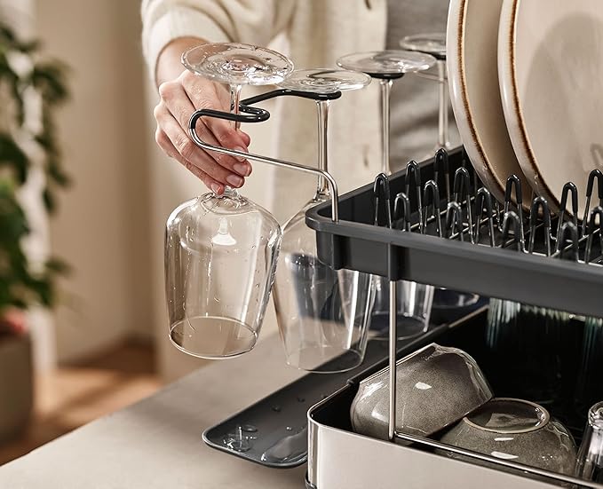 Joseph Joseph Dish Drying Rack with Wine Glass Holder - Space-Saving 2-Tier Design with Fast Draining System
