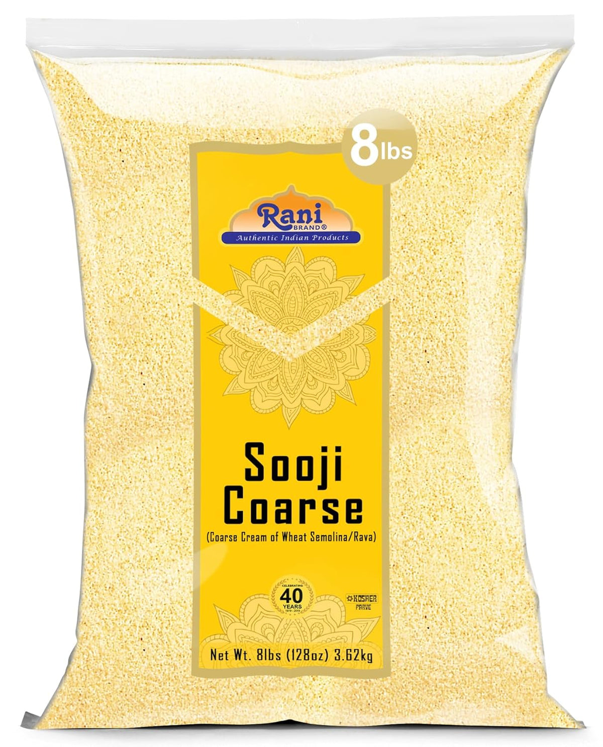 Rani Sooji Coarse (Farina, Suji, Rava, Rawa, Wheat Semolina) Flour 128oz (8lbs) 3.63kg Bulk ~ All Natural | Vegan | NON-GMO | Kosher | Indian Origin