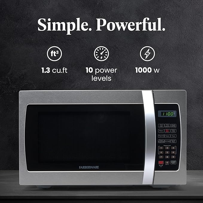 Farberware 1.3 Cu. Ft. Countertop Microwave Oven – 1000 Watts Power, Auto Cook Settings, Defrost, Easy Clean and Child Safety Lock - Stainless