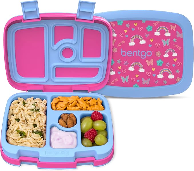 Bentgo Kids Prints Leak-Proof, 5-Compartment Bento-Style Kids Lunch Box - Ideal Portion Sizes for Ages 3-7, Durable, Drop-Proof, Dishwasher Safe, & PFAS & BPA-Free Materials (Rainbows & Butterflies)