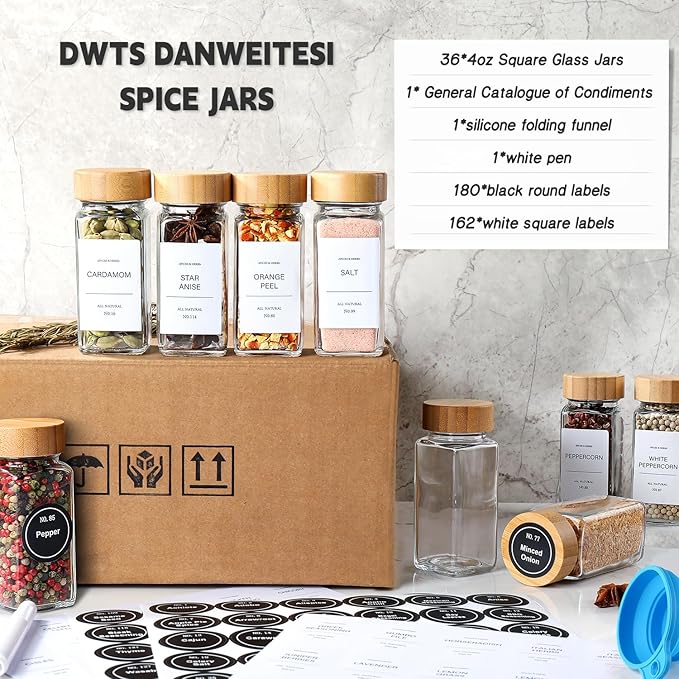 DWTS DANWEITESI 36 Pcs Glass Spice Jars - 4oz With Bamboo Lids, Empty Bottles With Labels, Kitchen Spice Jars With Shaker Lids