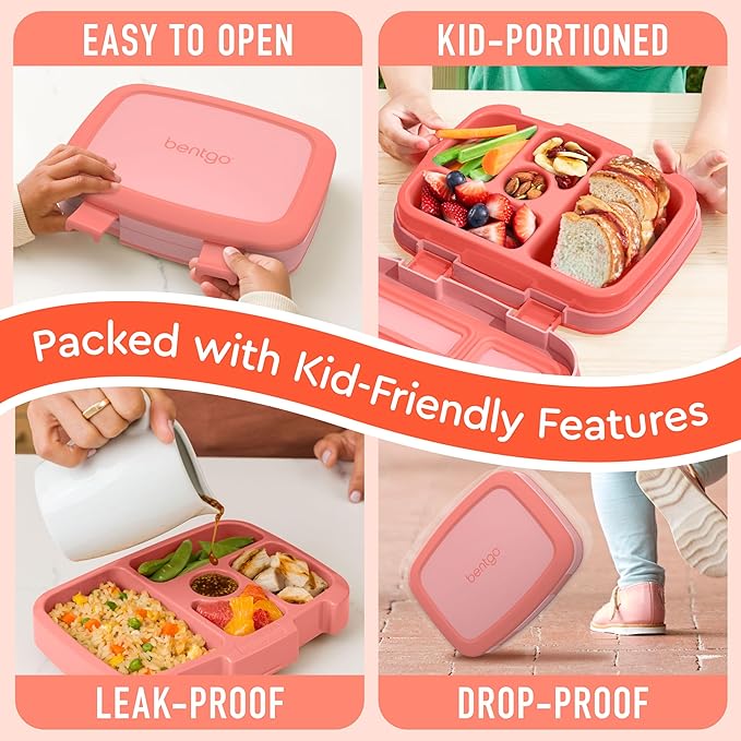 Bentgo Kids Bento-Style 5-Compartment Leak-Proof Lunch Box - Ideal Portion Sizes for Ages 3 to 7 - Durable, Drop-Proof, Dishwasher Safe, PFAS & BPA-Free & Made with Food-Safe Materials (Coral)