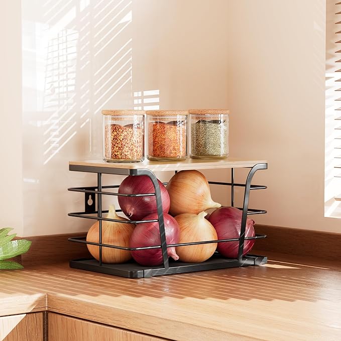 Pantry Organizers and Storage - Stackable Wire Basket with Lightweight PP Mat & Bamboo Top for Fruits Vegetables,Fruit Holder for Kitchen Countertop,Black