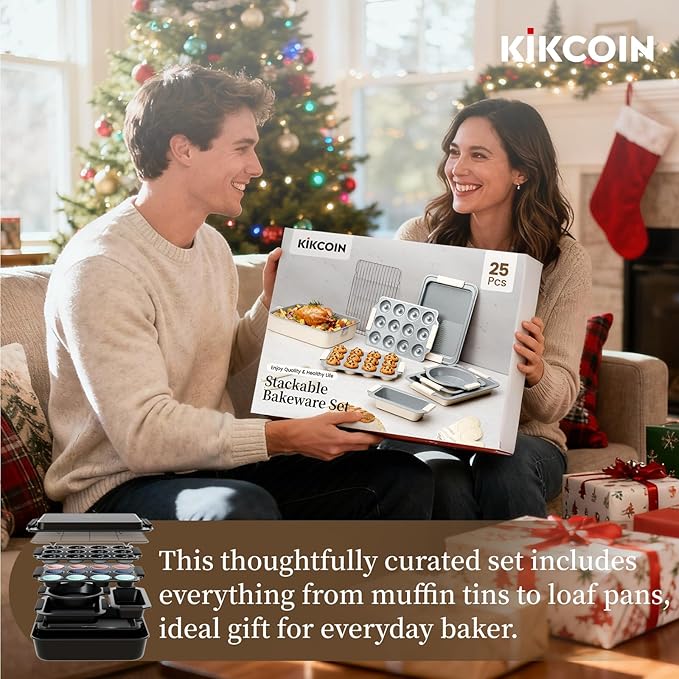 Kikcoin 25 PCS Stackable Baking Pans Set, Non-stick Bakeware Sets with Silicone Handles, 450°F Oven Safe Cookie Sheets for Baking, Easy Release Heavy-duty Baking Sheets Non Stick, Black